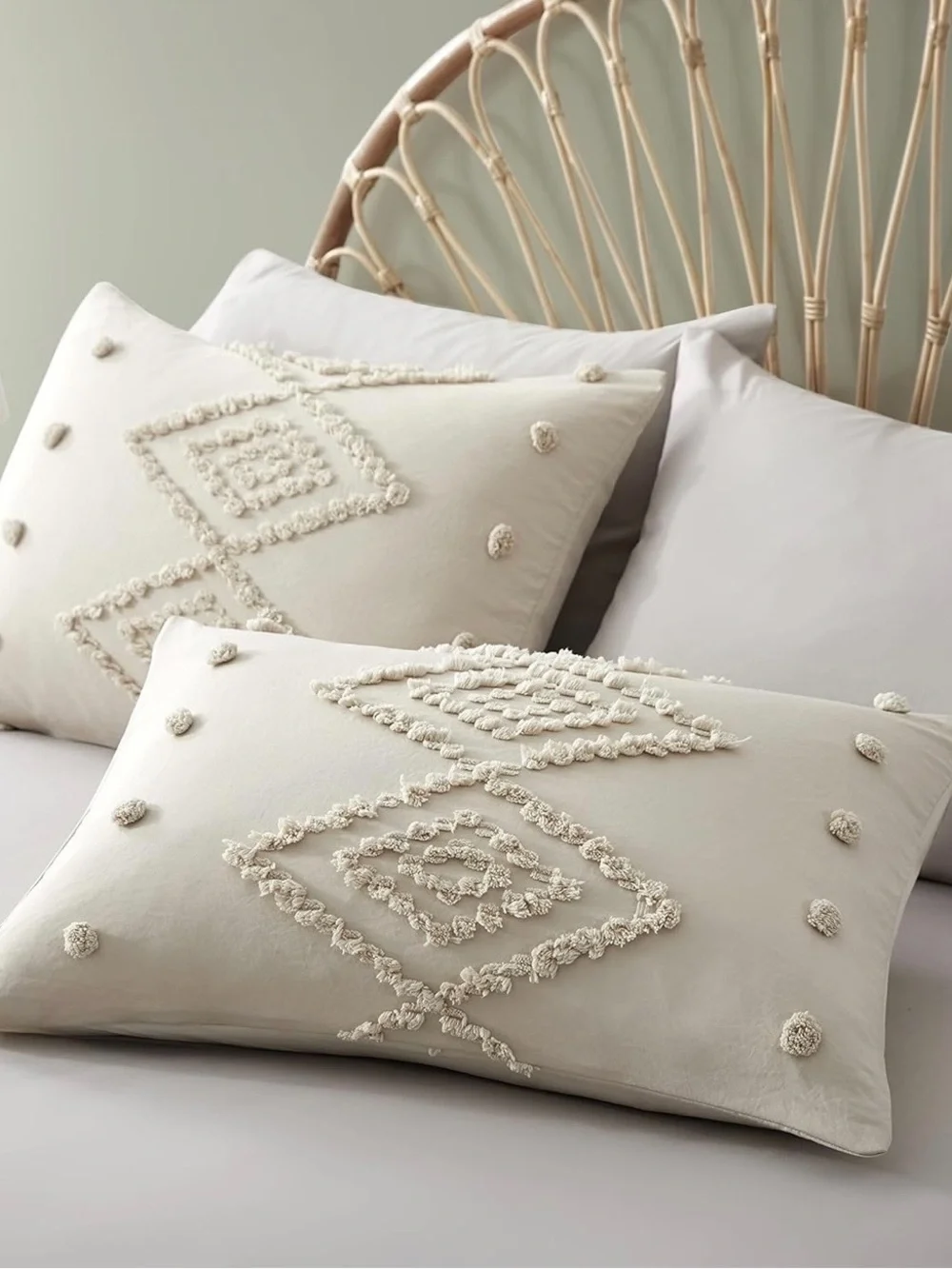 NEW Anthro Beige Cream Boho Queen / King Size Tufted Fringe Bedding Duvet & Sham